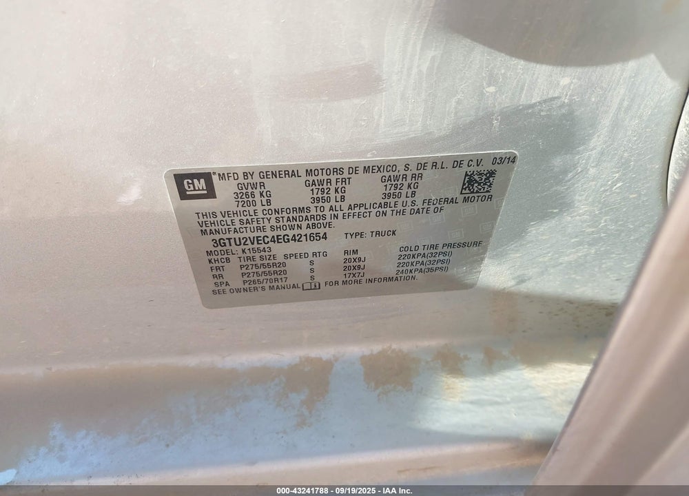 2014 GMC SIERRA 1500 SLT VIN: 3GTU2VEC4EG421654