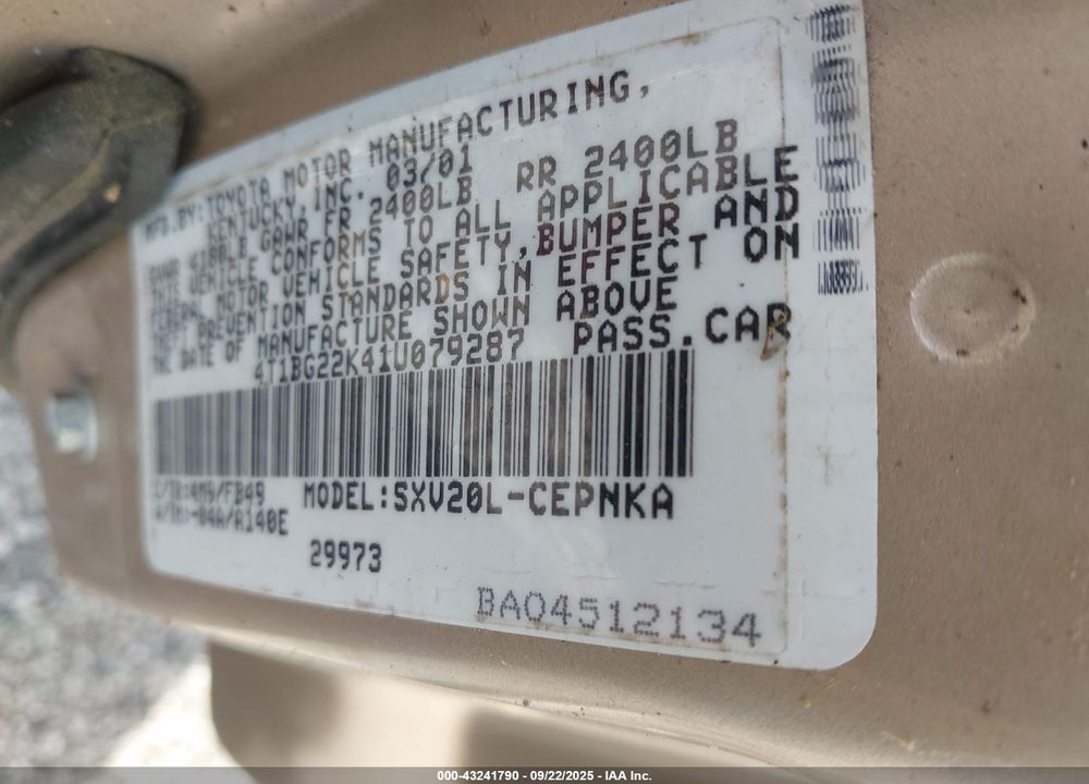 2001 TOYOTA CAMRY LE VIN: 4T1BG22K41U079287