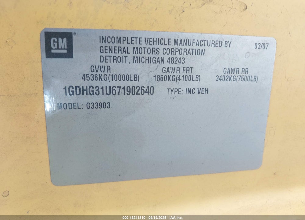2007 GMC SAVANA CUTAWAY WORK VAN VIN: 1GDHG31U671902640