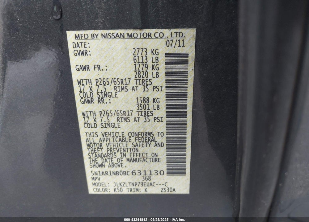 2011 NISSAN PATHFINDER SV VIN: 5N1AR1NB0BC631130