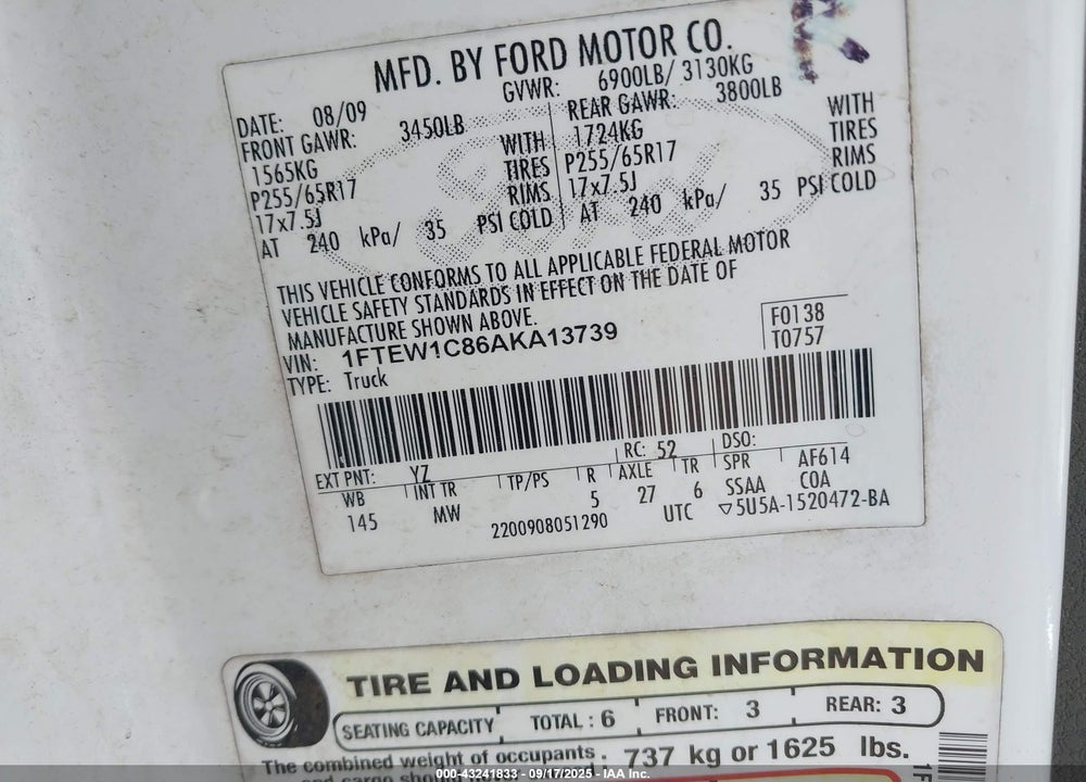 2010 FORD F-150 FX2 SPORT/XL/XLT VIN: 1FTEW1C86AKA13739