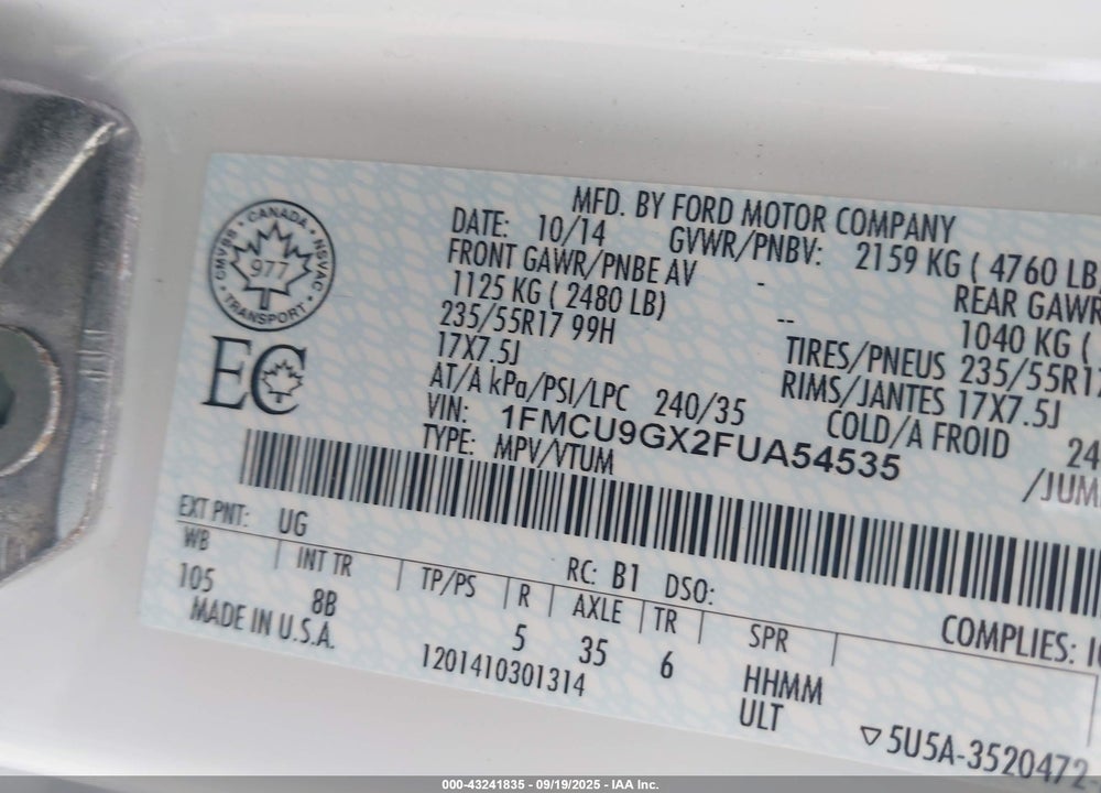 2015 FORD ESCAPE VIN: 1FMCU9GX2FUA54535