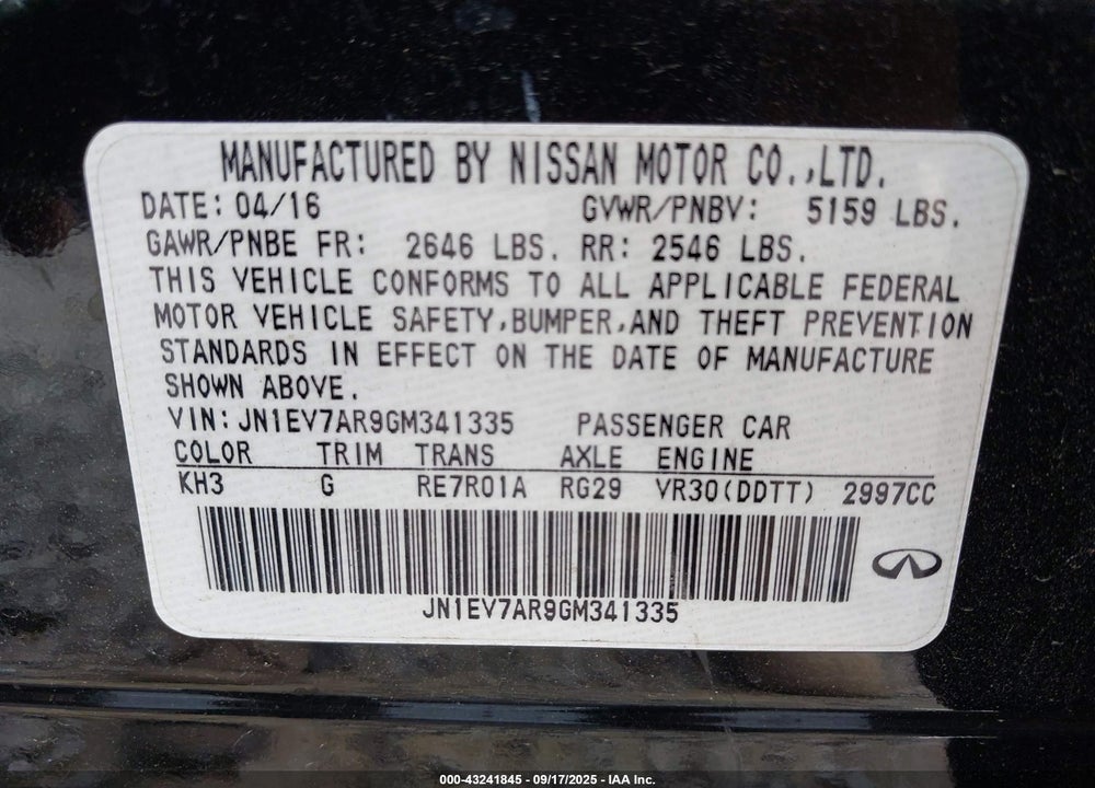 2016 INFINITI Q50 VIN: JN1EV7AR9GM341335