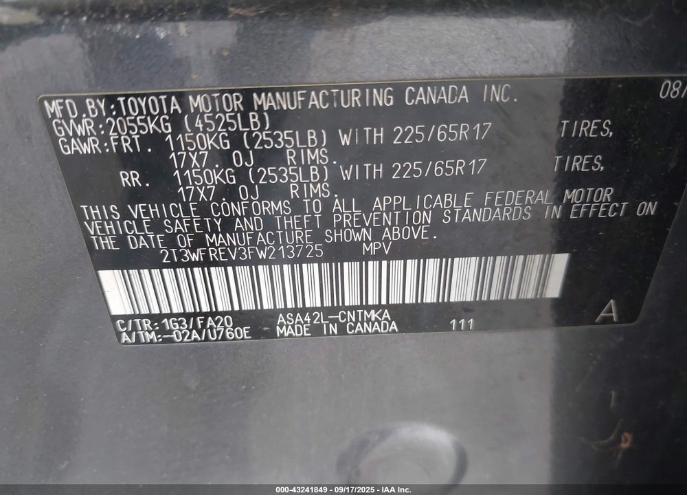 2015 TOYOTA RAV4 XLE VIN: 2T3WFREV3FW213725
