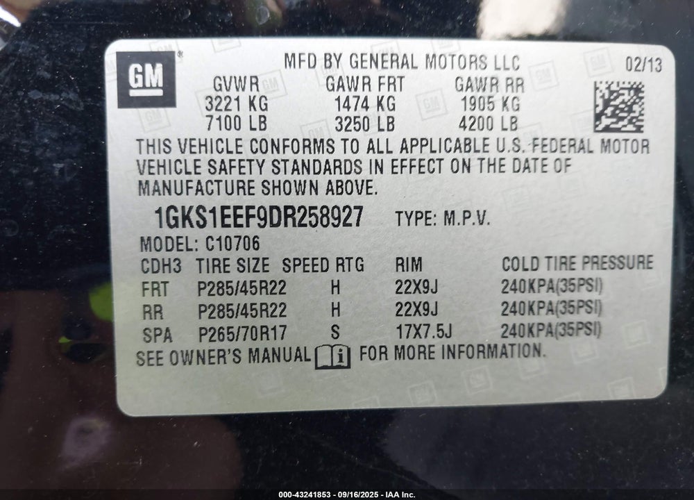 2013 GMC YUKON VIN: 1GKS1EEF9DR258927