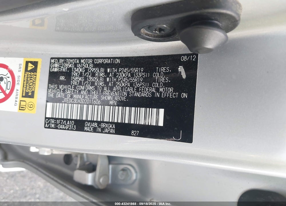 2013 TOYOTA HIGHLANDER HYBRID VIN: JTEDC3EH3D2011606