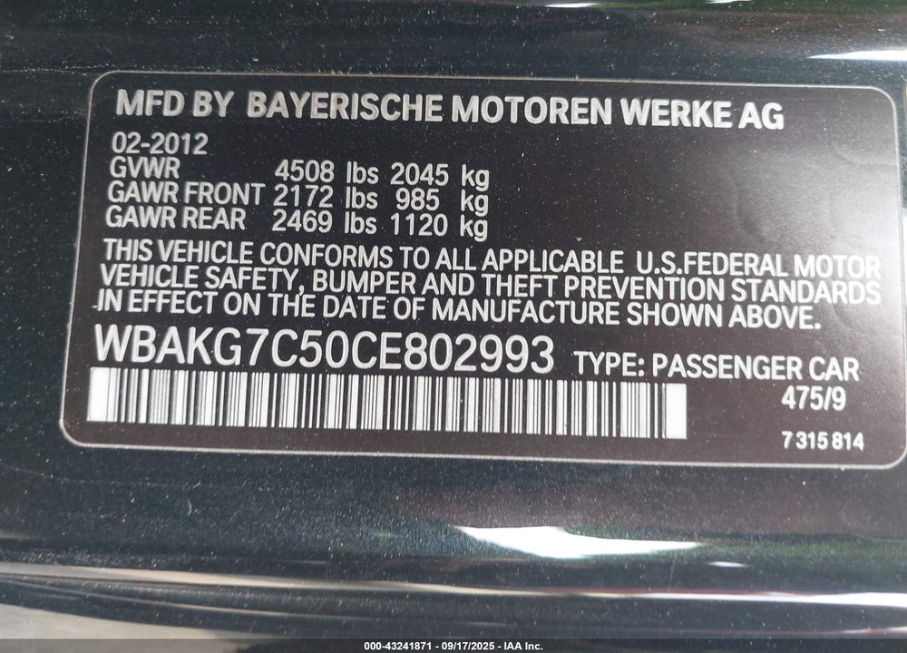 2012 BMW 335I VIN: WBAKG7C50CE802993