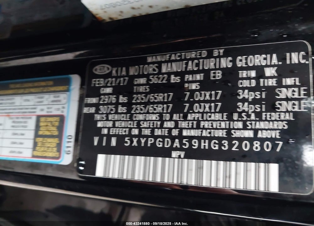 2017 KIA SORENTO VIN: 5XYPGDA59HG320807