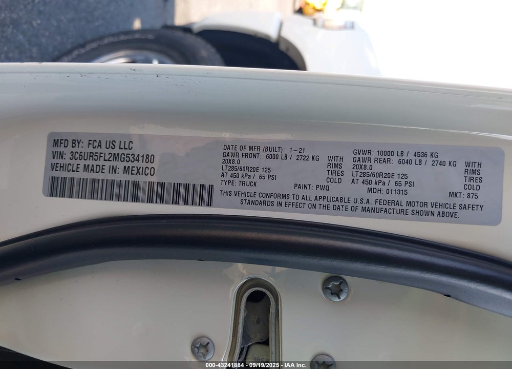 2021 RAM 2500 VIN: 3C6UR5FL2MG534180