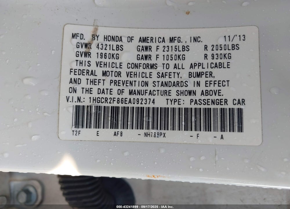 2014 HONDA ACCORD EX-L VIN: 1HGCR2F86EA092374
