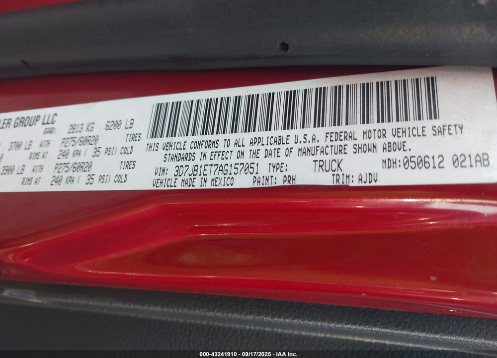 2010 DODGE RAM 1500 VIN: 3D7JB1ET7AG157051