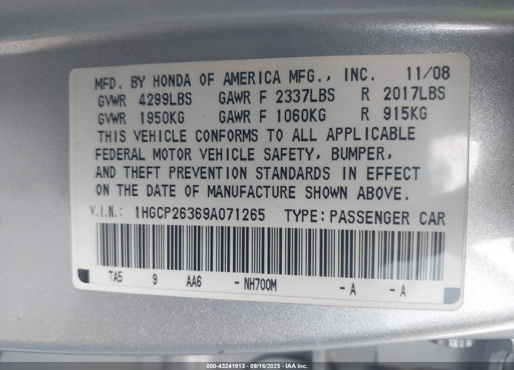 2009 HONDA ACCORD VIN: 1HGCP26369A071265