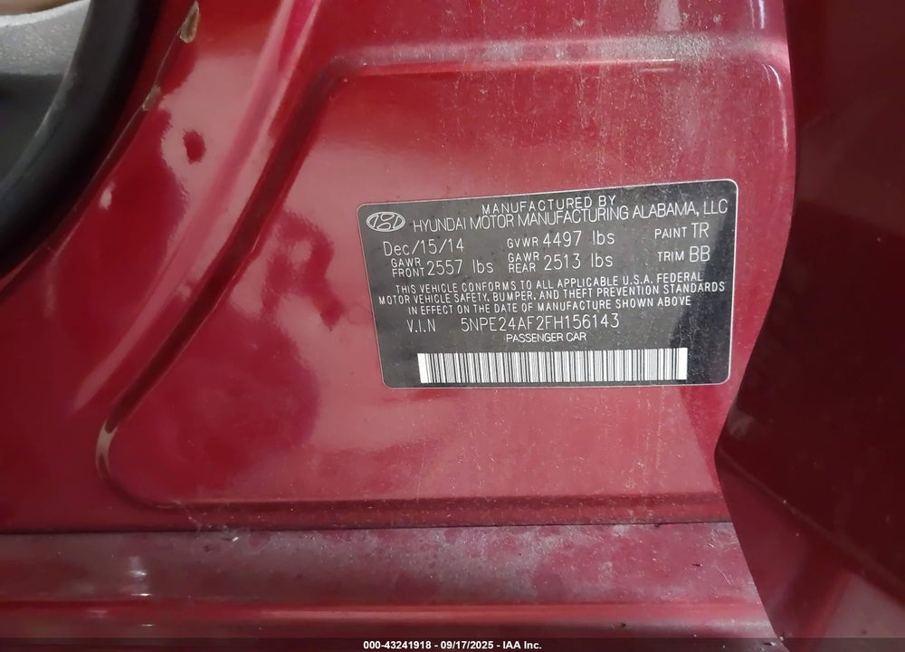2015 HYUNDAI SONATA SE VIN: 5NPE24AF2FH156143
