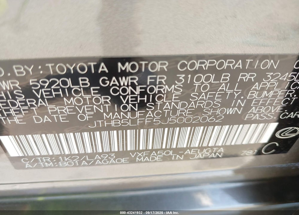 2018 LEXUS LS 500 VIN: JTHB5LFF5J5002062