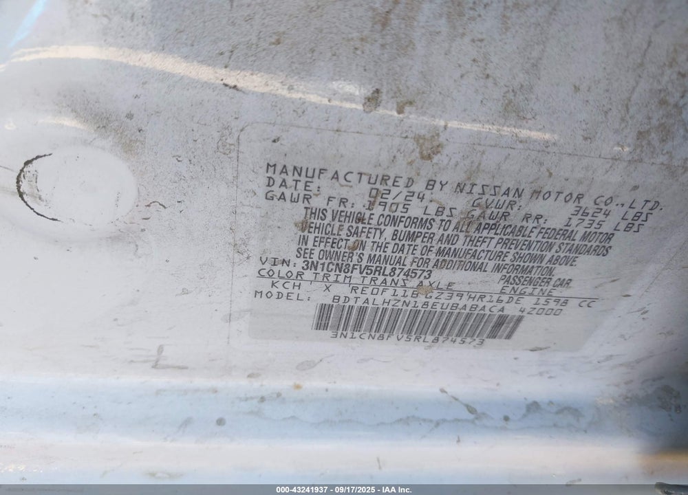 2024 NISSAN VERSA 1.6 SR VIN: 3N1CN8FV5RL874573