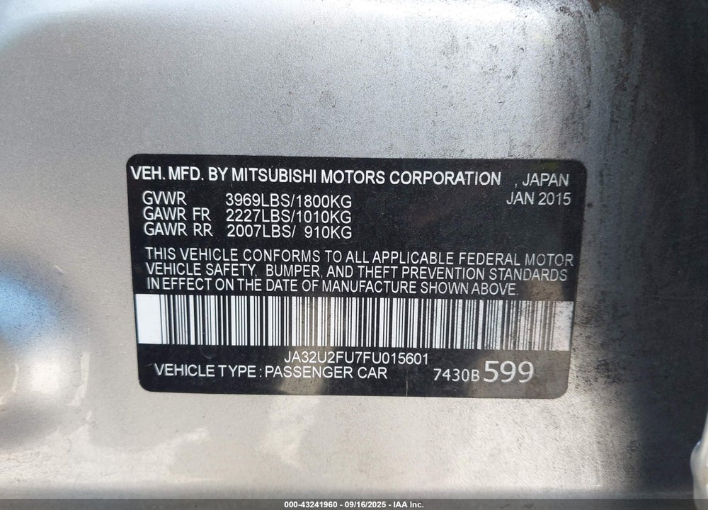 2015 MITSUBISHI LANCER VIN: JA32U2FU7FU015601