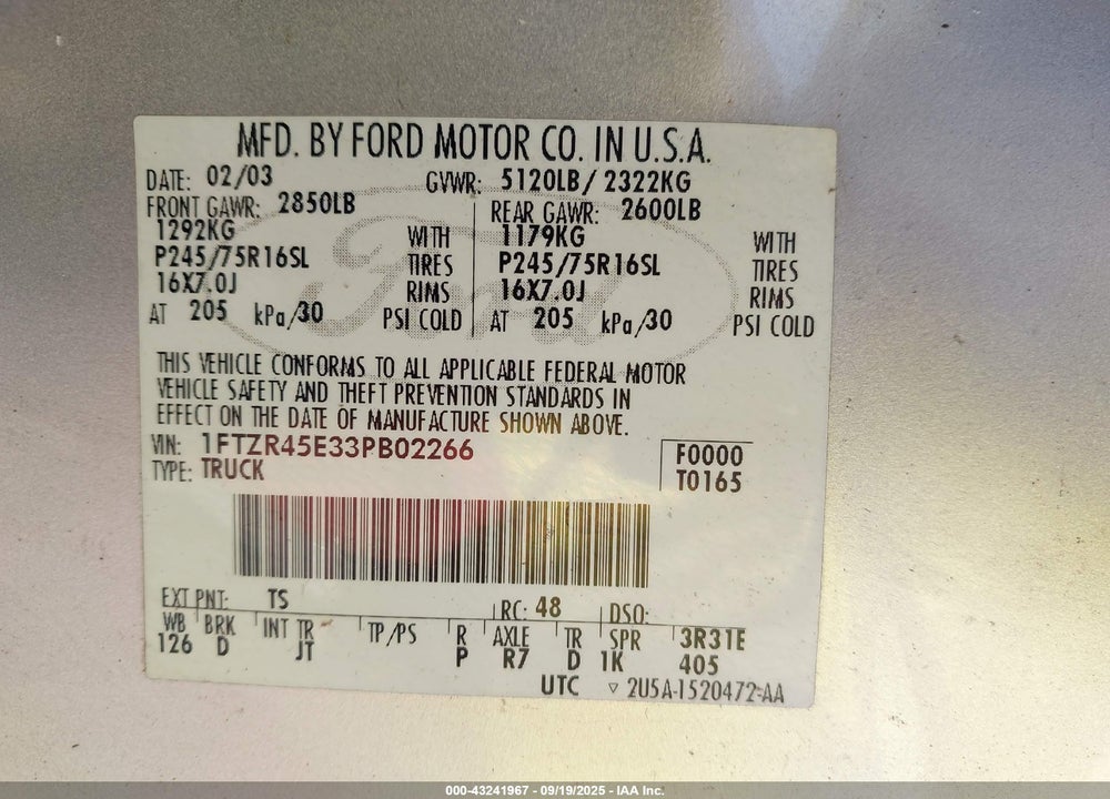 2003 FORD RANGER EDGE/XLT VIN: 1FTZR45E33PB02266