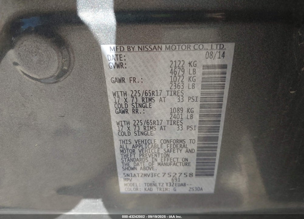 2015 NISSAN ROGUE SV VIN: 5N1AT2MV3FC752758