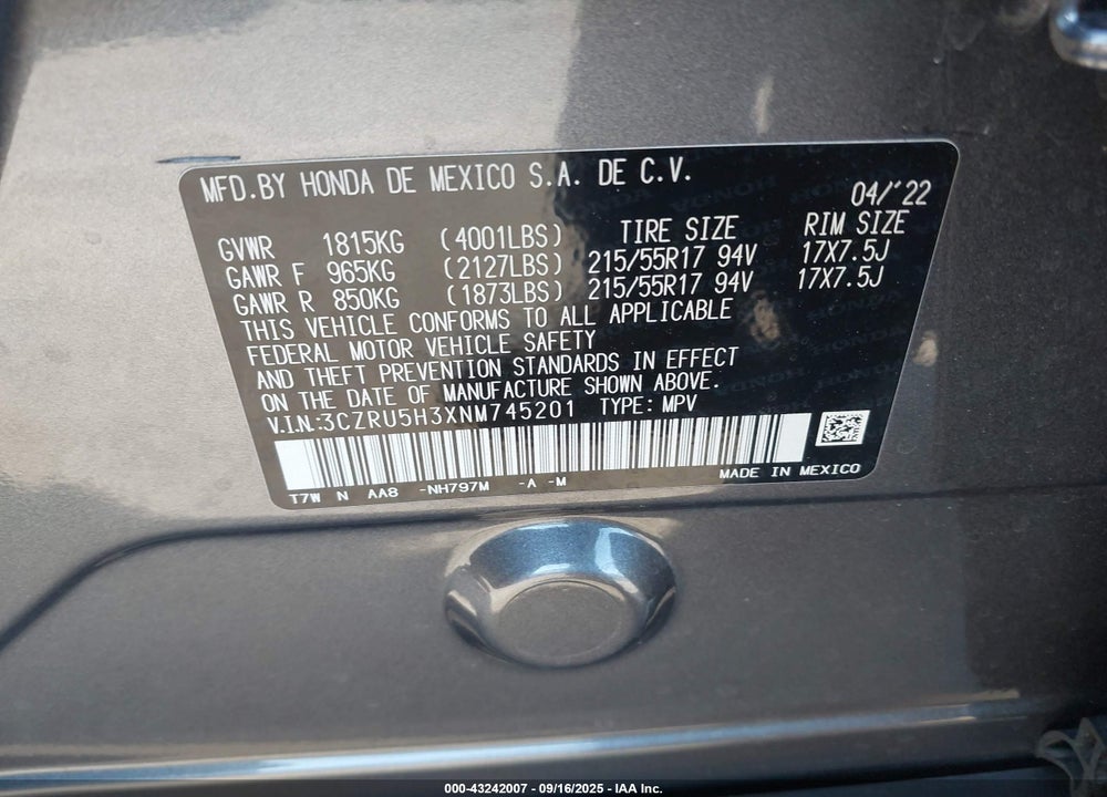 2022 HONDA HR-V 2WD LX VIN: 3CZRU5H3XNM745201