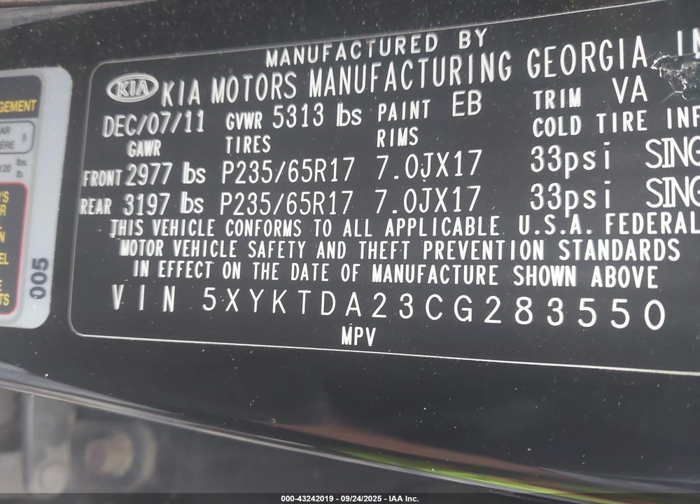 2012 KIA SORENTO LX V6 VIN: 5XYKTDA23CG283550