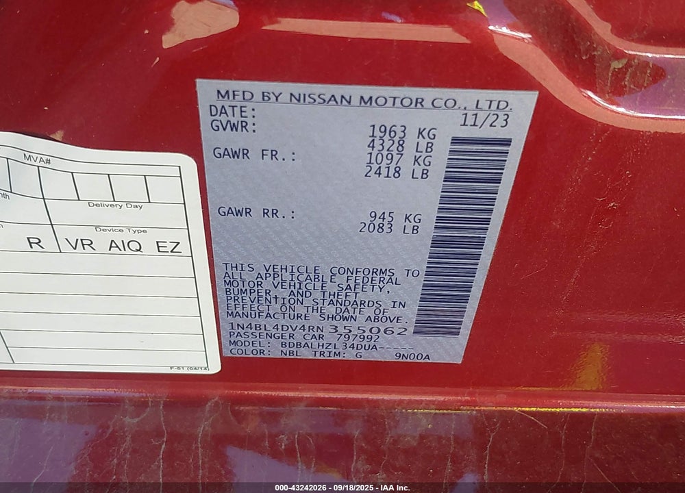 2024 NISSAN ALTIMA VIN: 1N4BL4DV4RN355062