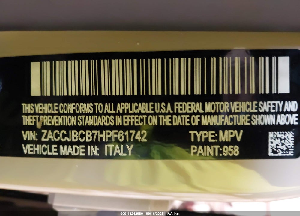 2017 JEEP RENEGADE VIN: ZACCJBCB7HPF61742