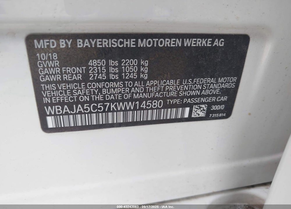 2019 BMW 5 SERIES VIN: WBAJA5C57KWW14580