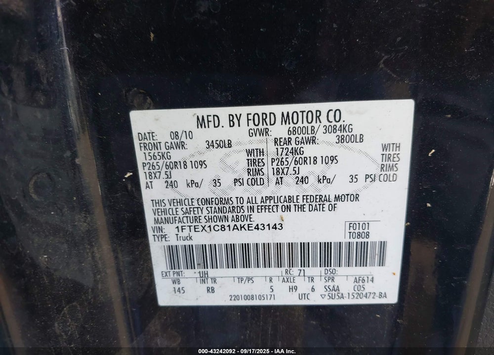 2010 FORD F-150 VIN: 1FTEX1C81AKE43143