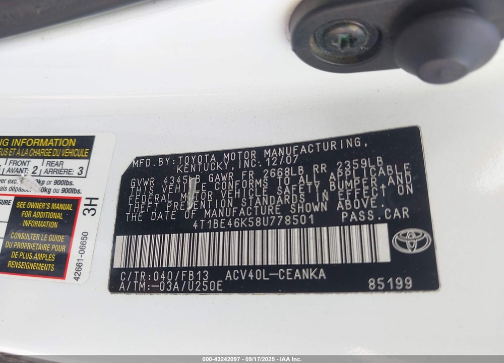 2008 TOYOTA CAMRY VIN: 4T1BE46K58U778501
