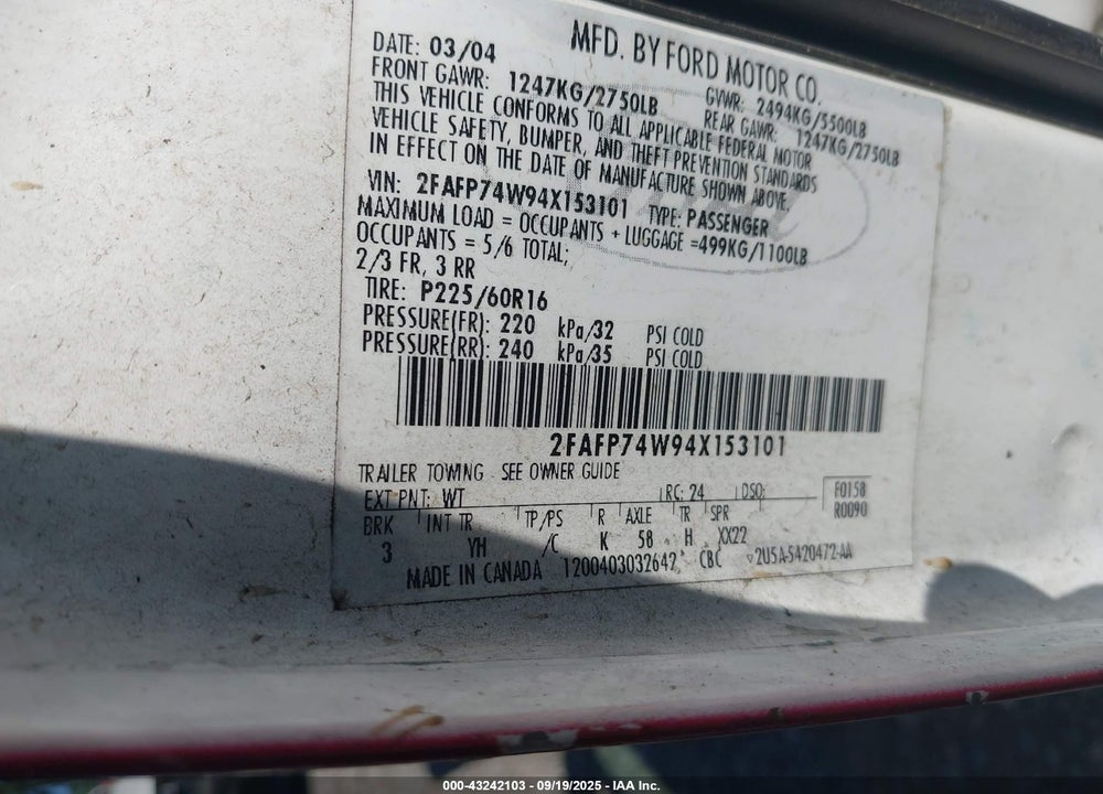 2004 FORD CROWN VICTORIA LX VIN: 2FAFP74W94X153101