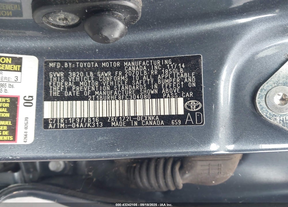 2015 TOYOTA COROLLA VIN: 2T1BURHE8FC304080