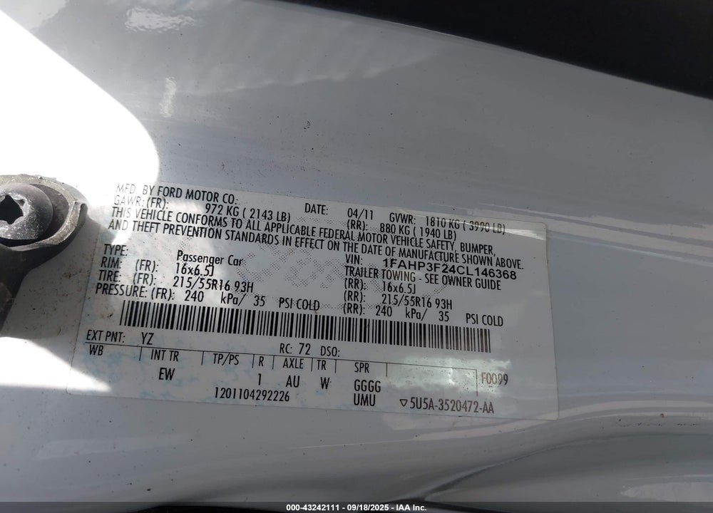 2012 FORD FOCUS VIN: 1FAHP3F24CL146368
