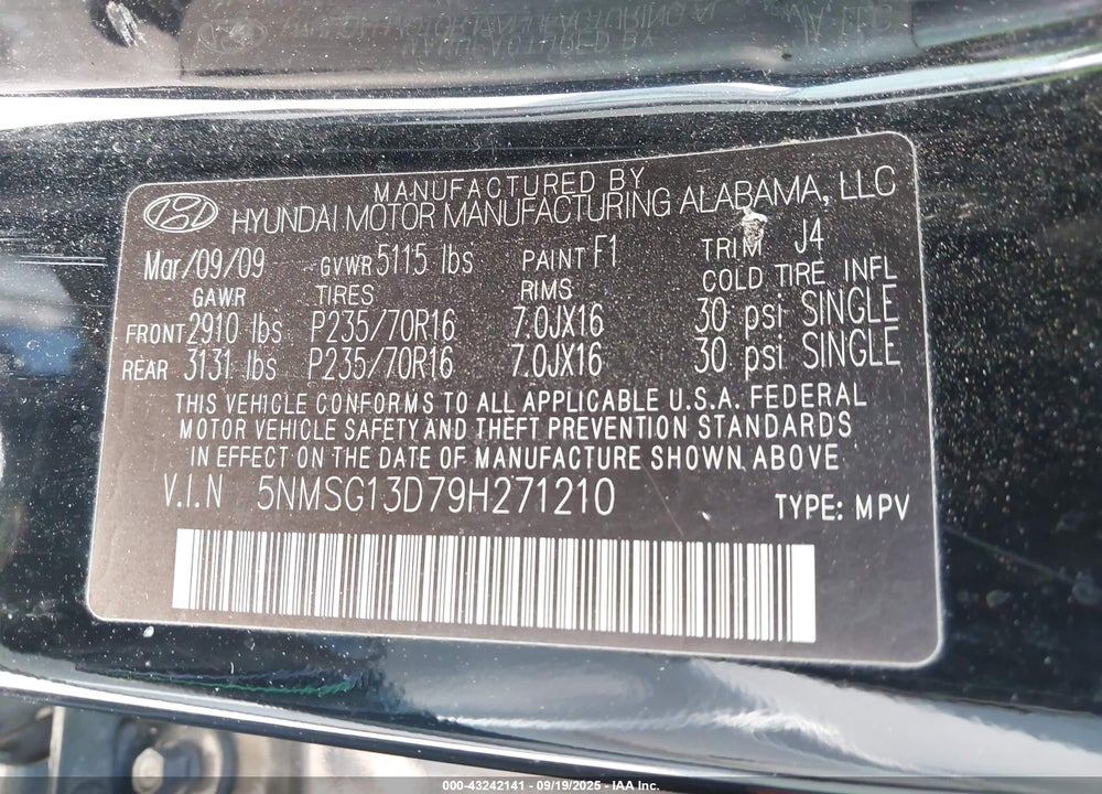 2009 HYUNDAI SANTA FE GLS VIN: 5NMSG13D79H271210