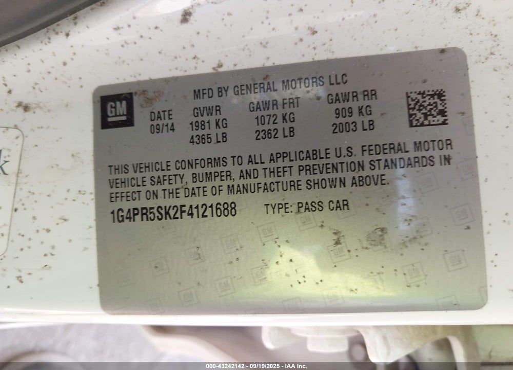 2015 BUICK VERANO CONVENIENCE GROUP VIN: 1G4PR5SK2F4121688