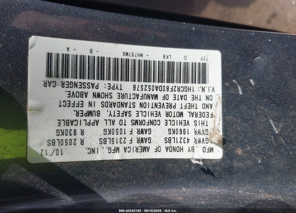 2013 HONDA ACCORD VIN: 1HGCR2F80DA052578
