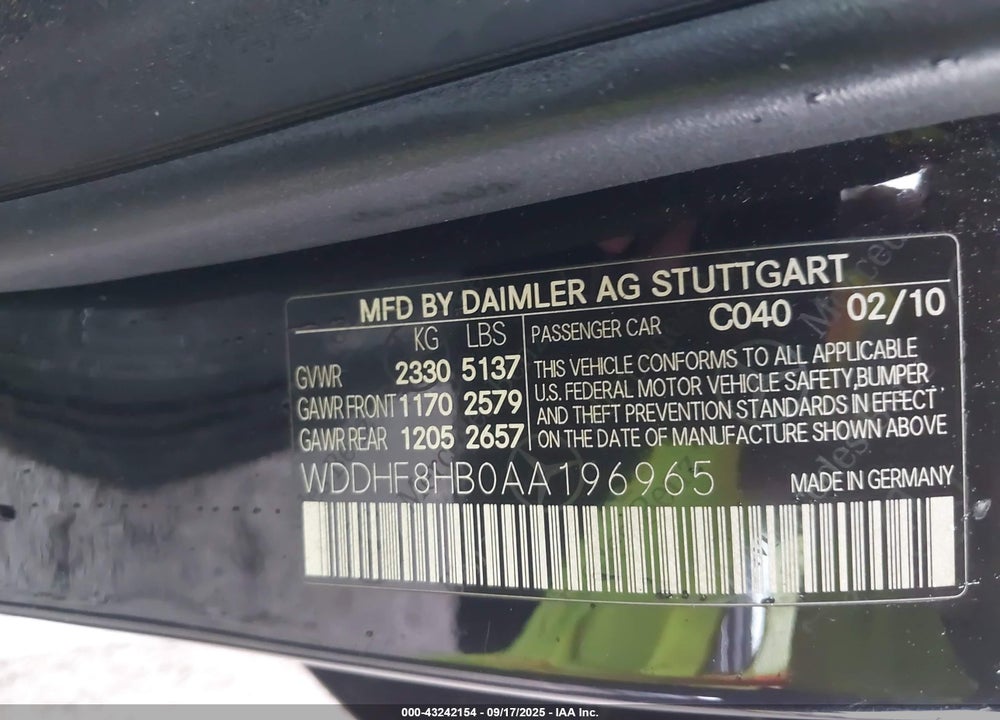 2010 MERCEDES-BENZ E-CLASS VIN: WDDHF8HB0AA196965