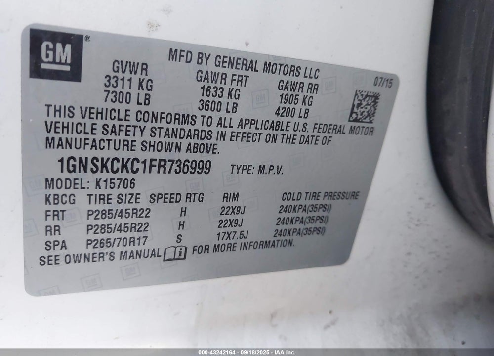 2015 CHEVROLET TAHOE VIN: 1GNSKCKC1FR736999