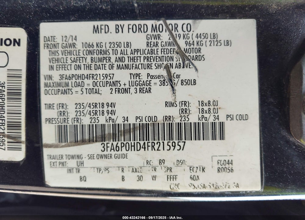 2015 FORD FUSION VIN: 3FA6P0HD4FR215957