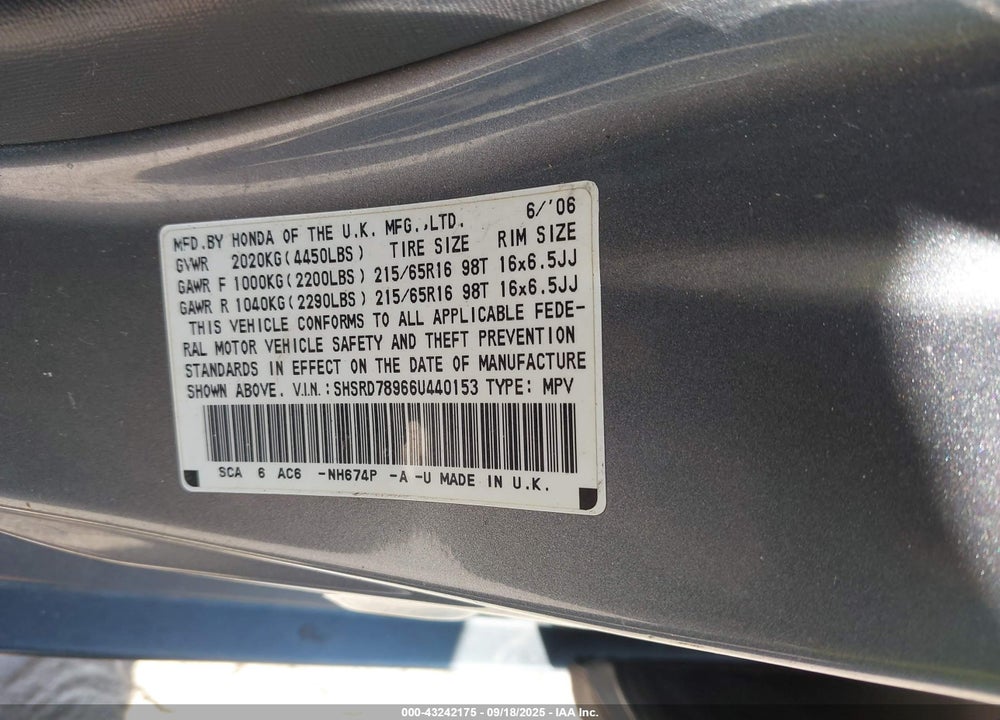 2006 HONDA CR-V VIN: SHSRD78966U440153