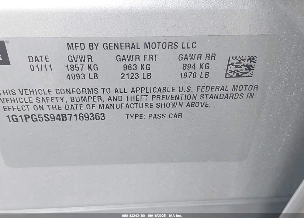 2011 CHEVROLET CRUZE 2LT VIN: 1G1PG5S94B7169363