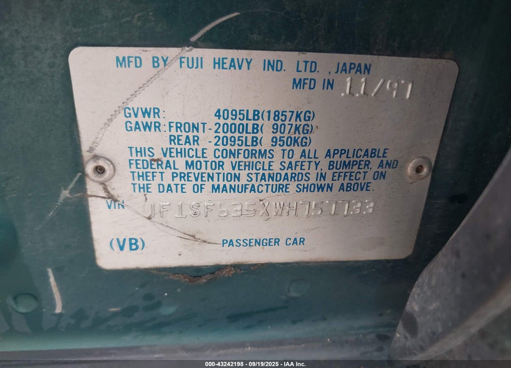 1998 SUBARU FORESTER L VIN: JF1SF635XWH757733