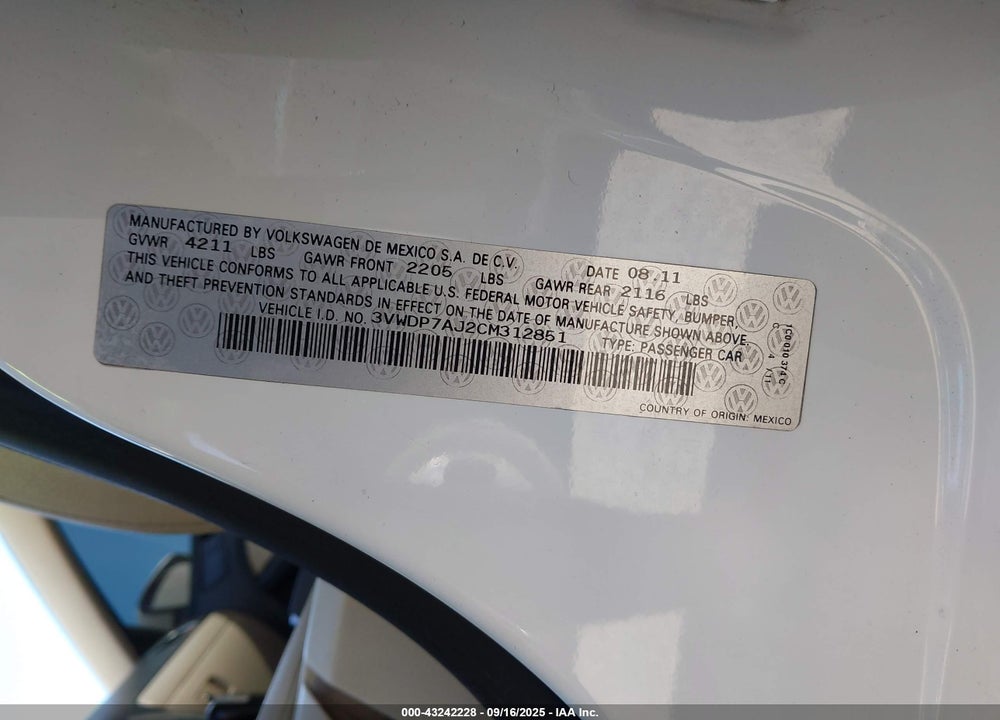2012 VOLKSWAGEN JETTA VIN: 3VWDP7AJ2CM312851
