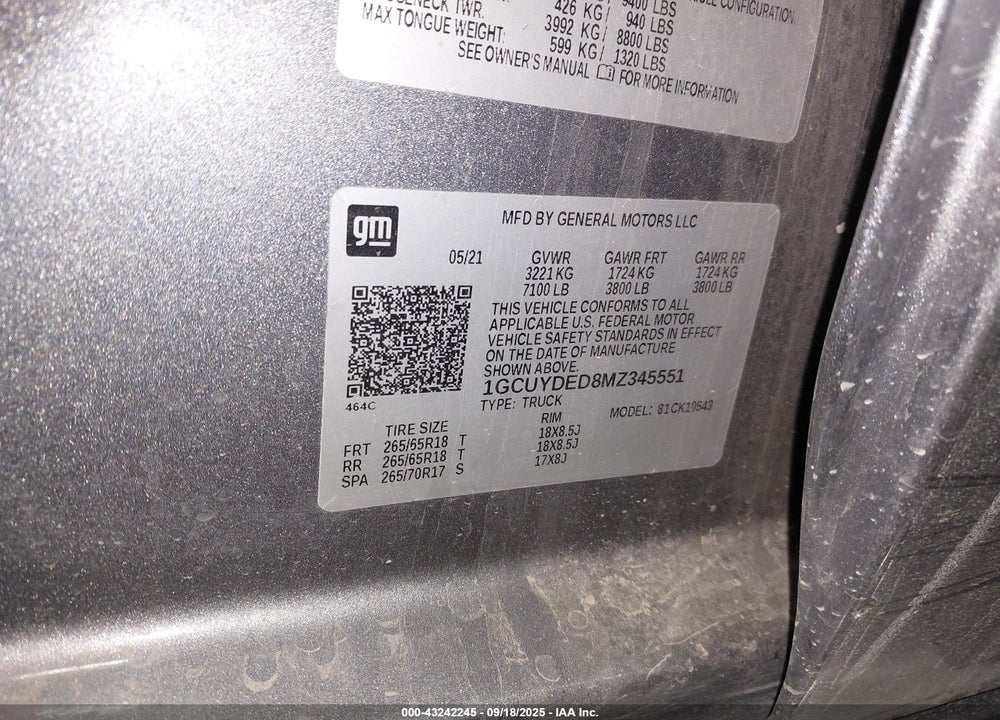 2021 CHEVROLET SILVERADO 1500 4WD SHORT BED LT VIN: 1GCUYDED8MZ345551