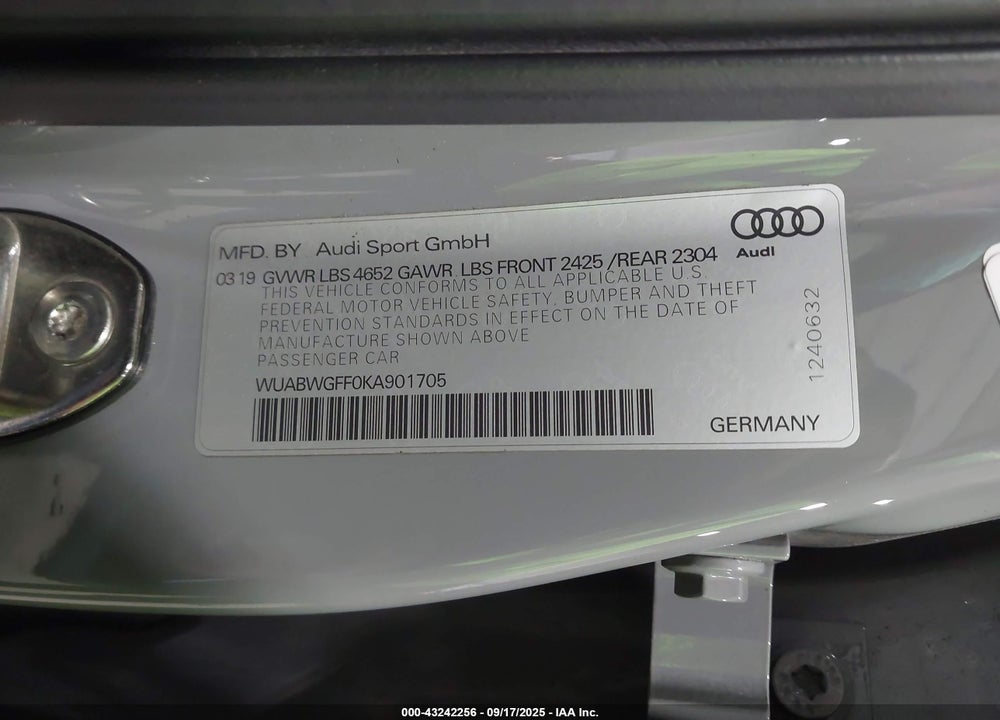 2019 AUDI RS3 VIN: WUABWGFF0KA901705