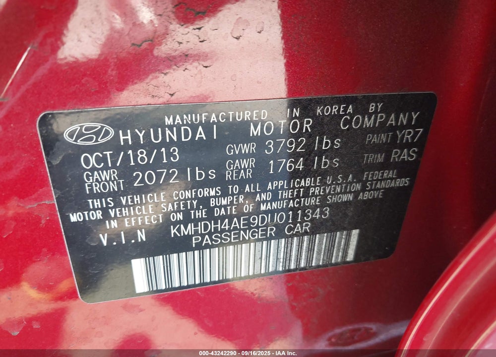 2013 HYUNDAI ELANTRA VIN: KMHDH4AE9DU011343