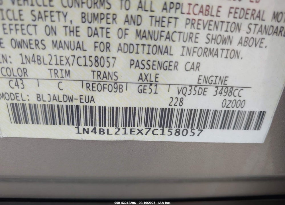 2007 NISSAN ALTIMA VIN: 1N4BL21EX7C158057