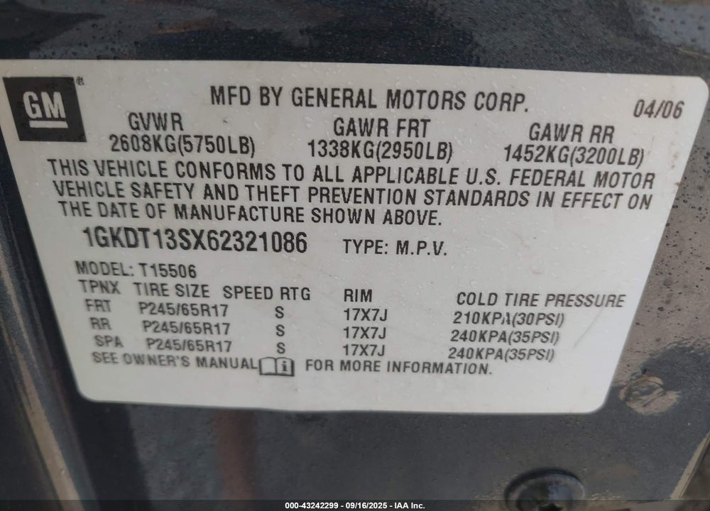 2006 GMC ENVOY SLT VIN: 1GKDT13SX62321086