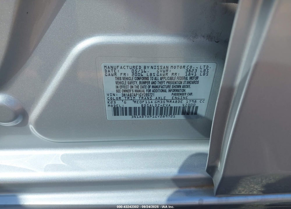 2016 NISSAN SENTRA SV VIN: 3N1AB7AP1GY289721