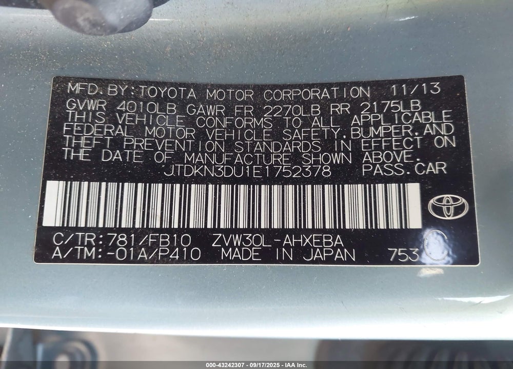 2014 TOYOTA PRIUS VIN: JTDKN3DU1E1752378