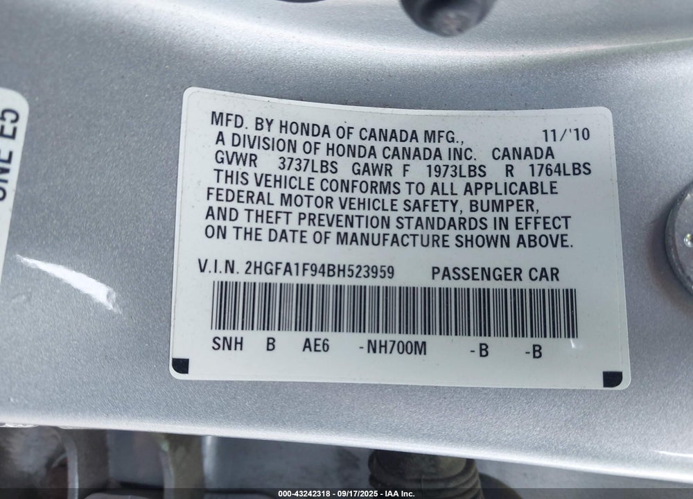 2011 HONDA CIVIC VIN: 2HGFA1F94BH523959
